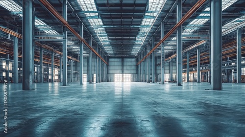 Fototapeta Naklejka Na Ścianę i Meble -  A construction site with steel beams and columns aligned, with clear space above the structure for text or advertisement.