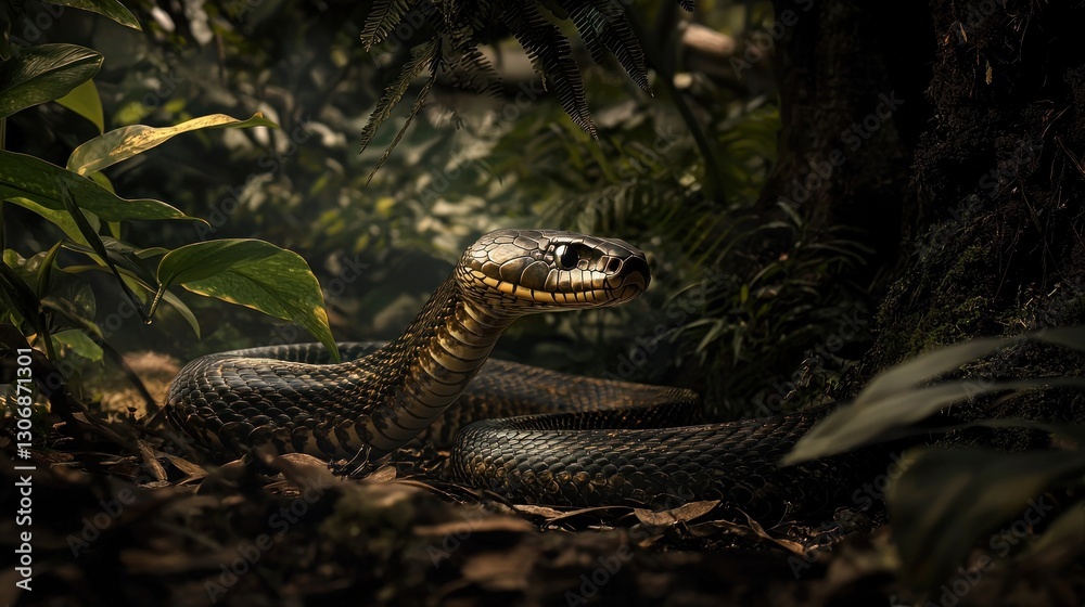 A dark-colored snake in a lush, shadowy jungle. A dark-colored snake in a lush, shadowy jungle.
