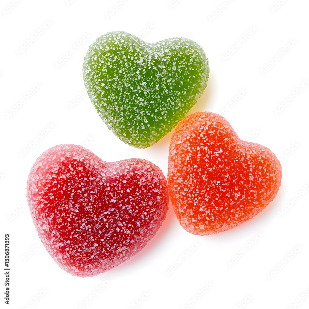 Obraz premium Red Jelly heart shaped candies coated in sugar, isolated on white background