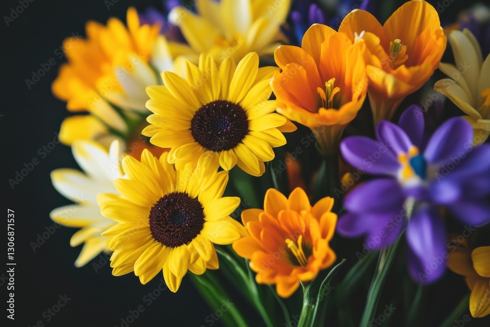 Fototapeta premium Vibrant spring floral arrangements showcasing daisy, jonquil, sunflower, daffodil, and crocus for nature-themed decor and artistic inspiration in creative projects