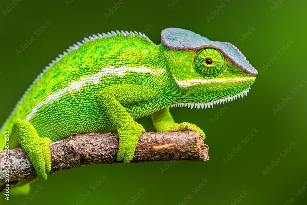 Fototapeta premium A vibrant green chameleon clinging to a branch, its eyes moving independently