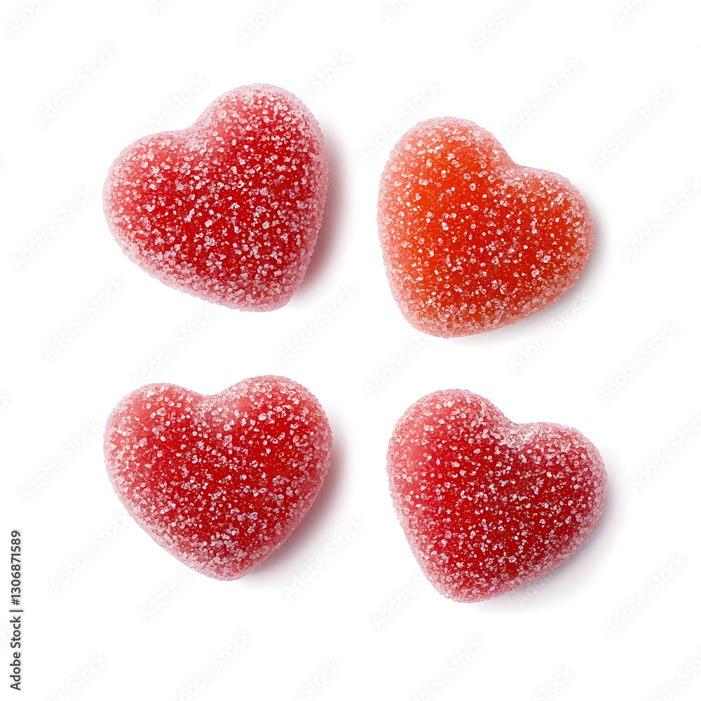 Fototapeta premium Red Jelly heart shaped candies coated in sugar, isolated on white background