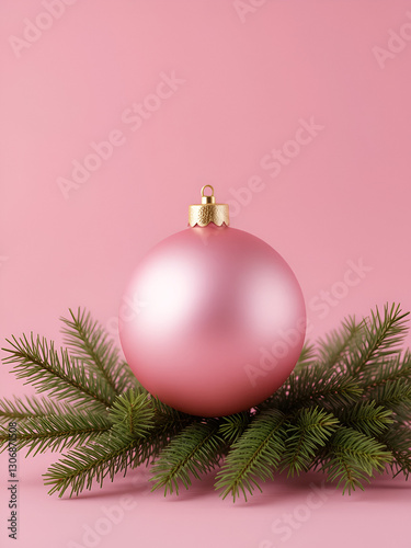 a pink christmas ball and a branch of evergreen on a pink background