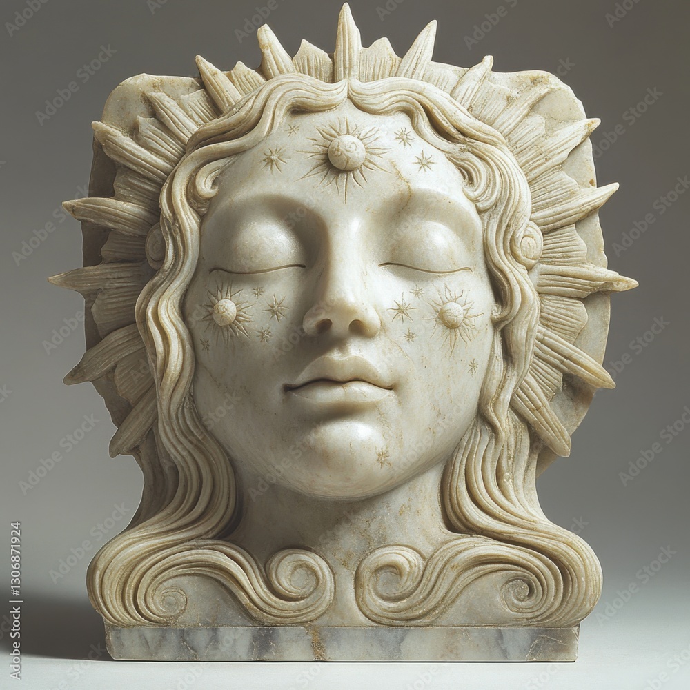 Obraz premium Serene Marble Sculpture of a Sun God with Radiant Features