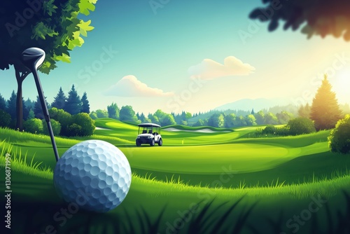 Golf course scene with a ball and golf cart in view..