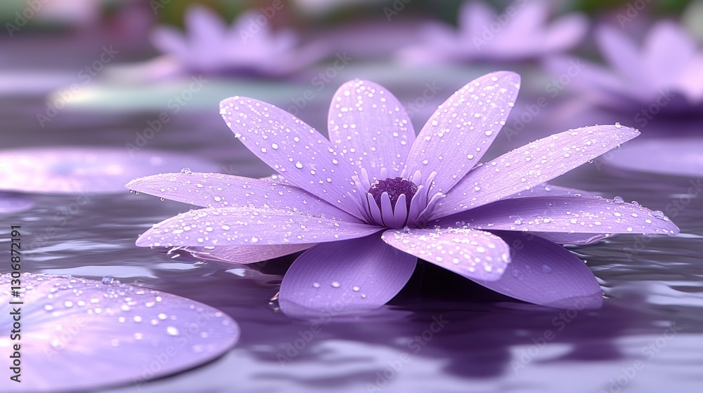 Dew-kissed lavender water lily floating on serene water surface. Dew-kissed lavender water lily floating on serene water surface.