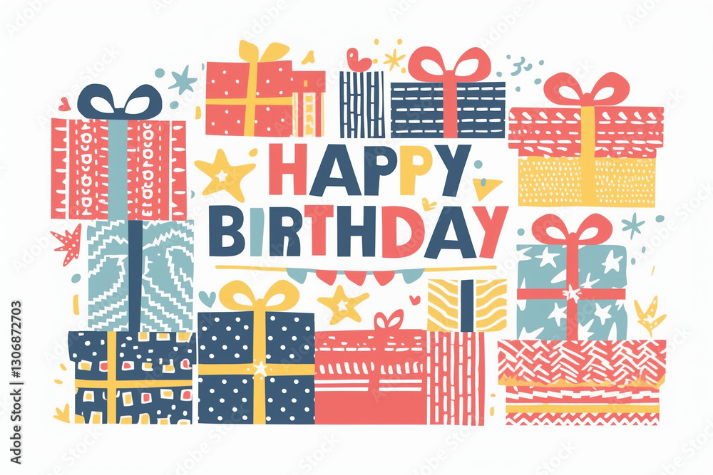 Naklejka premium Happy Birthday, bright and cheerful birthday greeting surrounded by gift boxes