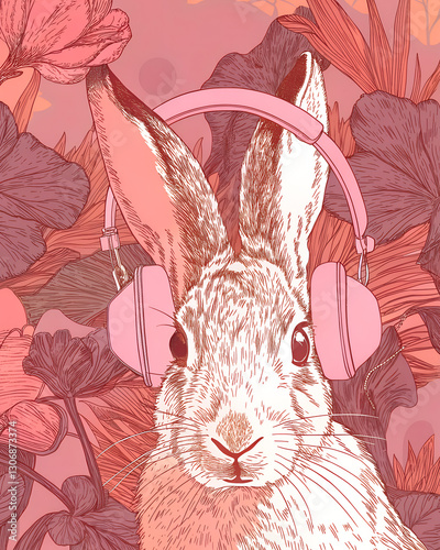 easter card with rabbit, Hand-painted watercolor style illustration of a rabbit listening to music with headphones.