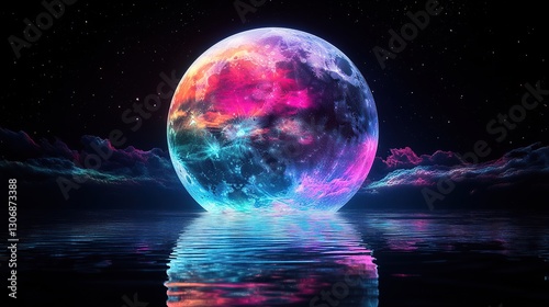 Fototapeta Naklejka Na Ścianę i Meble -  Surreal fantastic space landscape of the plant in bright neon glow in the reflection of the water surface