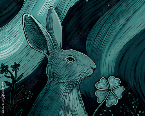 Rabbit with four leaf clover. Watercolor illustration. abstract style. Isolated on white background. For design.