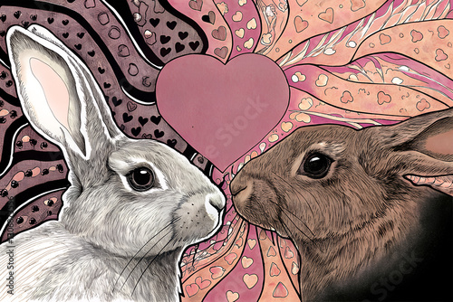 two rabbits with heart, Two Baby Wild Rabbits Kissing