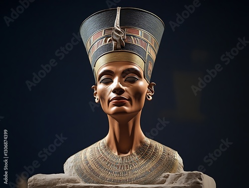 Nefertiti bust display, dark museum setting