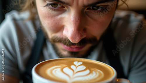 Barista focuses intently on latte art during coffee preparation in a cozy cafe setting