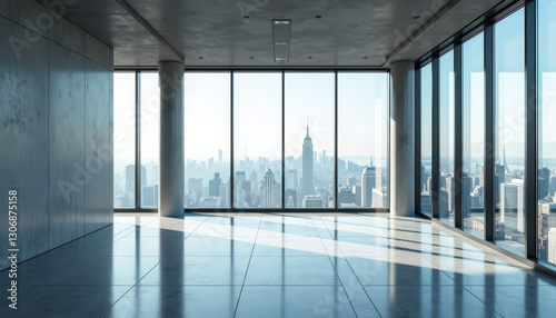 Urban skyline view from a modern high-rise with expansive windows and clear sunlight