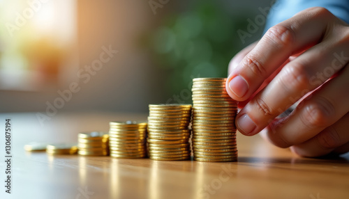 Hand stacking gold coins in ascending order on a wooden table during daylight