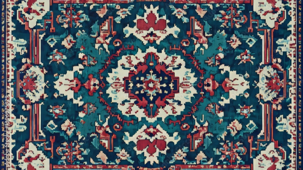 custom made wallpaper toronto digitalTurkish kilim rug pattern in teal and maroon, repeating tribal motifs, vibrant and traditional, ultra-detailed, 8k