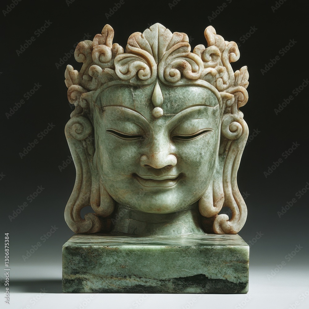 Obraz premium Intricate Green Stone Sculpture of a Serene Buddha Head