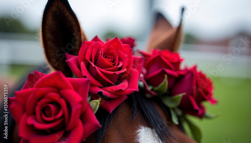 Beautiful horse adorned with vibrant roses, captured at an outdoor event in a lush green setting during daytime
