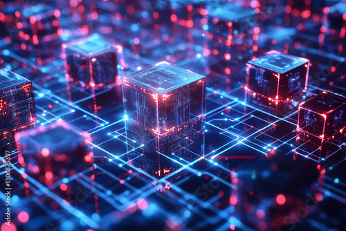 Visualization of blockchain technology in the form of a network of blocks photo