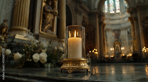 Lit Candle in Church: Symbolic Flame of Hope and Faith, Spiritual Scene.