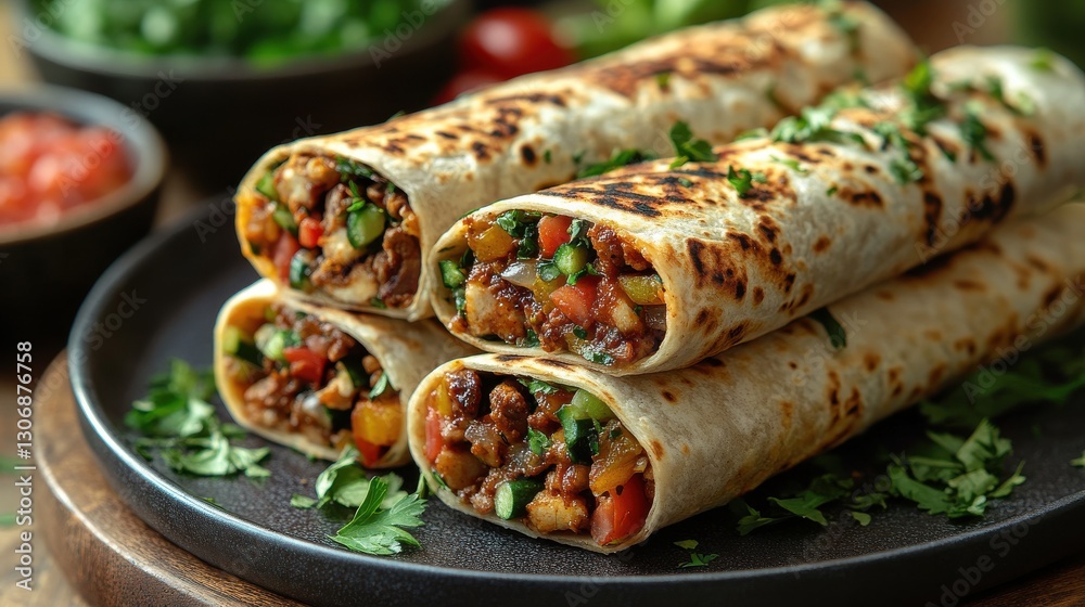 tasty wraps stacked on a porcelain plate with visible fresh vegetables hearty meat and sauce artfully arranged and capturing a delicious and ingredient focused culinary moment