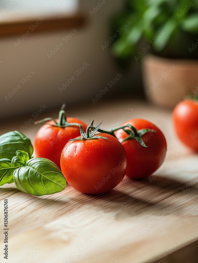 Pure and simple: tomato and basil on a wooden table in bright light Pure and simple: tomato and basil on a wooden table in bright light
