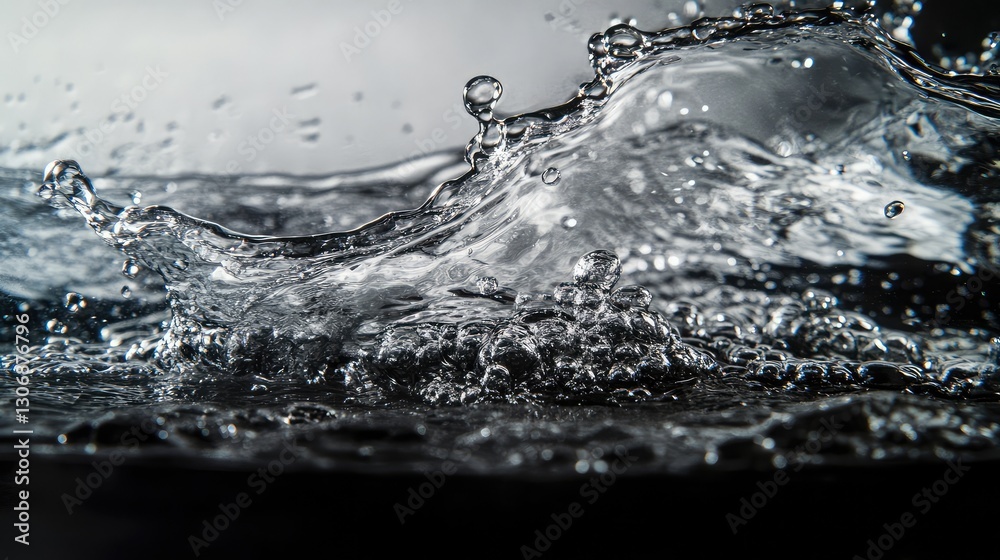 Close-up of water pouring and splashing against a glass surface, with high contrast between light and shadow. Close-up of water pouring and splashing against a glass surface, with high contrast between light and shadow.