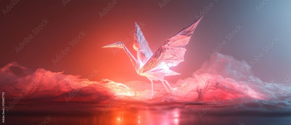 Fototapeta premium Luminous origami crane stands on a foggy, red landscape at sunset.
