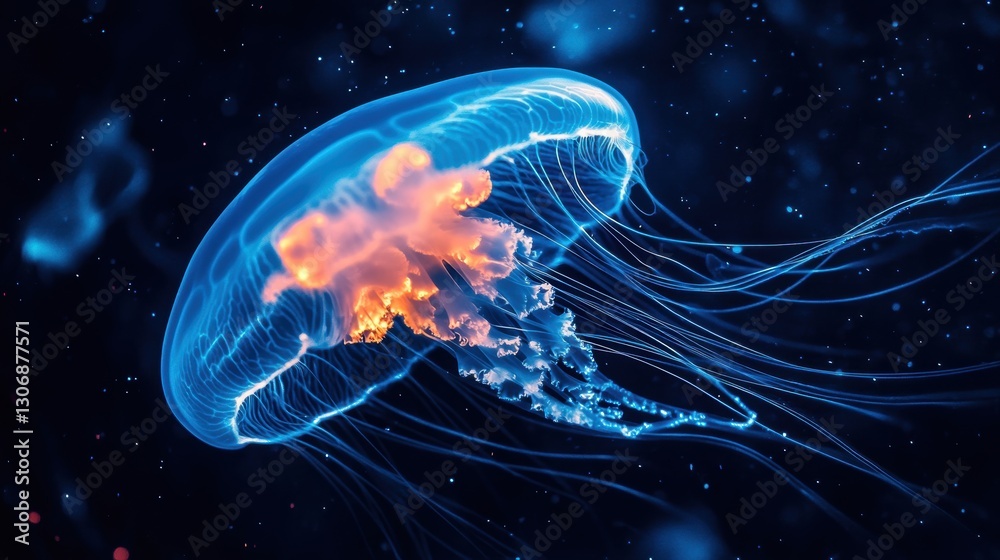 Incredible Luminescent Jellyfish Floating Gracefully in Deep Ocean Waters, Showcasing Ethereal Beauty and Dynamic Movement in Vibrant Colors Incredible Luminescent Jellyfish Floating Gracefully in Deep Ocean Waters, Showcasing Ethereal Beauty and Dynamic Movement in Vibrant Colors