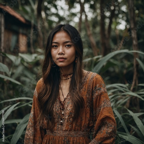 A Malaysian girl in a Bohemian-style dress, looking free-spirited.