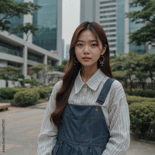 A Malaysian girl in a trendy Korean-inspired outfit, posing cutely.