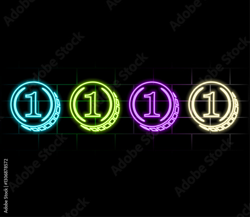 coin icon set. Glowing neon coin with number one symbol, outline symbol. USD currency, token digital currency, financial market and trade, earned money, financial budget, bank money. Vector Icons.3