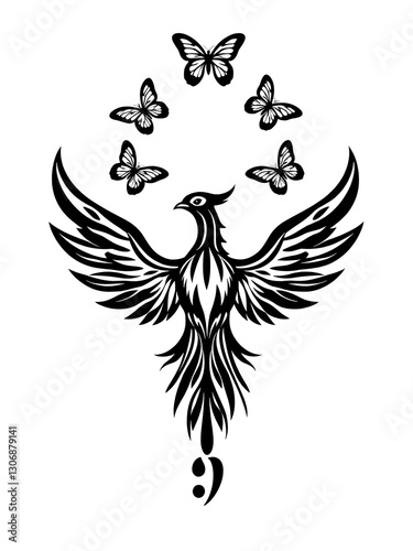 Black vector drawing of a Phoenix Rising Symbol Bird, three butterflies above and a semi colon below. Depression awareness symbolizing to overcome, rise above and concur