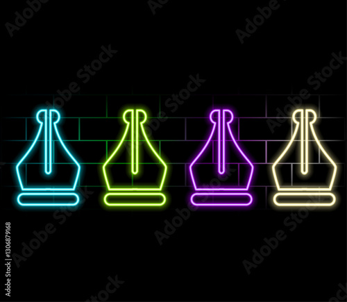 Glowing neon line Fountain pen nib icon isolated on brick wall background. Pen tool sign. Colorful outline concept. Vector.3