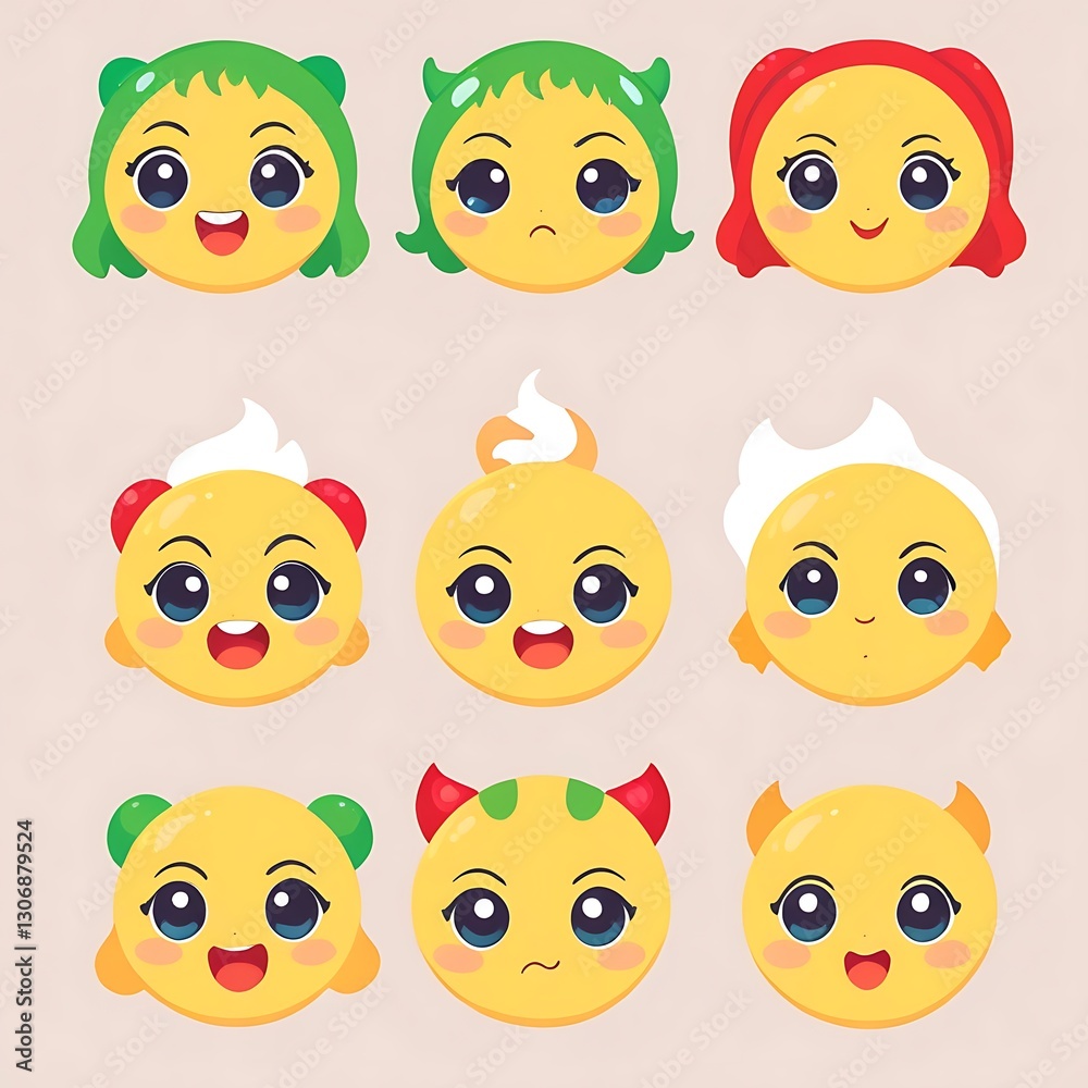 Cute emoji-style faces with different moods, vibrant and playful vector cartoon design. Cute emoji-style faces with different moods, vibrant and playful vector cartoon design.
