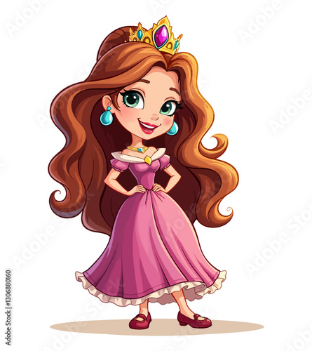 A cute cartoon princess wearing a pink dress with long brown hair and a crown on her head.