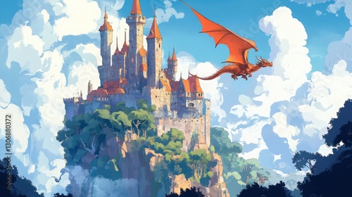 Dragon soars above majestic castle perched on a cliff against a cloudy sky photo