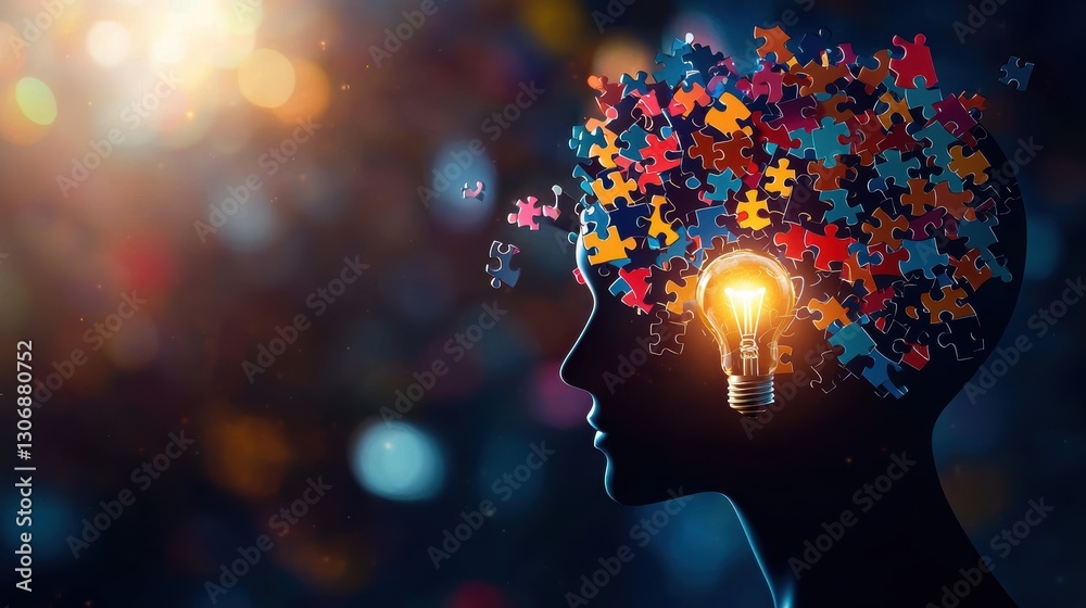 A silhouette of a head filled with colorful puzzle pieces and a glowing light bulb, symbolizing creativity and innovative thinking. A silhouette of a head filled with colorful puzzle pieces and a glowing light bulb, symbolizing creativity and innovative thinking.