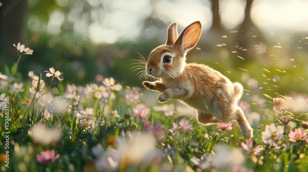 Fototapeta premium Adorable brown bunny rabbit leaping playfully in a vibrant spring meadow filled with wildflowers.
