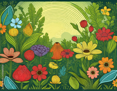 floral background with flowers and leaves, vector garden 