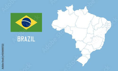 Brazil map. Vector Brazil map with Brazil flag isolated on blue background.	