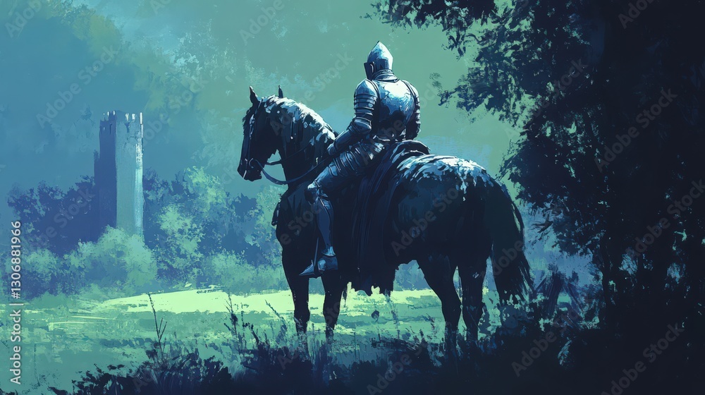 Fototapeta premium Knight's Vigil: A solitary armored figure on horseback surveys the medieval realm