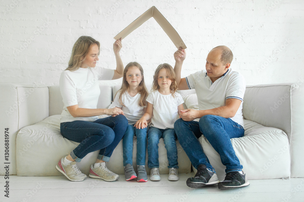 Happy family with children holding cardboard roof indoor. New house, real estate and insurance concept Happy family with children holding cardboard roof indoor. New house, real estate and insurance concept