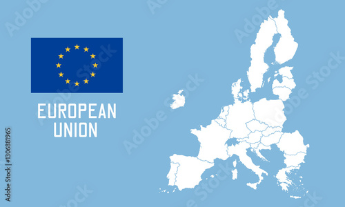 EU map. Vector European Union map with EU flag isolated on blue background.	