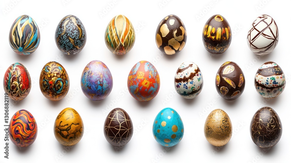 An array of elegantly decorated eggs on a white background An array of elegantly decorated eggs on a white background