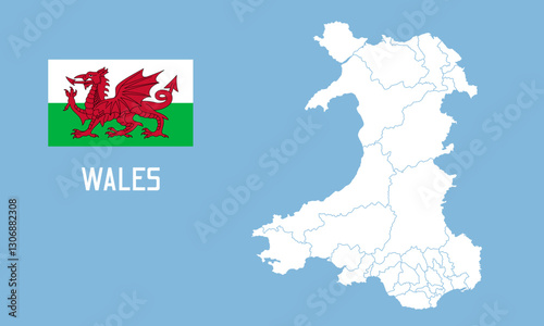 Wales map. Vector Wales map with Wales flag isolated on blue background.	