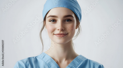 Smiling Nurse Portrait Illustration, Professional Blue Scrubs Healthcare Art, Friendly Modern Cheerful Compassionate Design Artwork, Print Painting Medical Stylish Warm Positive
