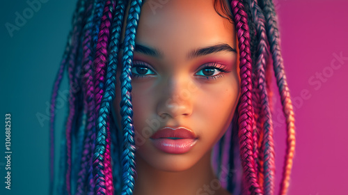 Vibrant Braided Hair Portrait, Colorful Digital Artwork Illustration, Bold Stunning Modern Dynamic Elegant Trendy Rainbow Multicolor Hair Design, Print Painting Background Graphic Aesthetic Creative