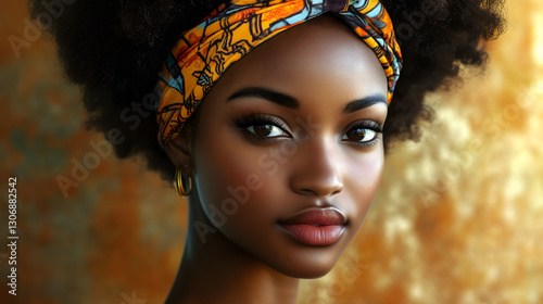 Vibrant African Headwrap Portrait, Colorful Afro Hair Ethnic Illustration Design, Elegant Bold Stunning Modern Dynamic Chic Radiant Cultural Earrings Beauty Fashion Aesthetic Trendy Decorative