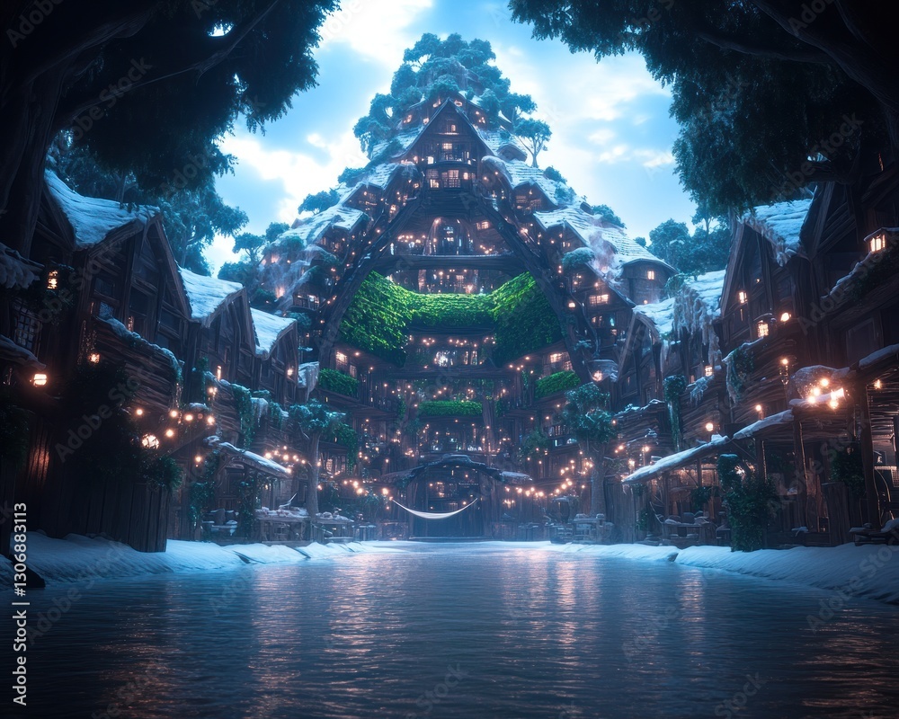 Fototapeta premium Enchanting winter village nestled in snowy forest with a large treehouse structure at its center, illuminated by warm lights.